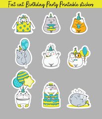 Fototapeta premium Fat cat birthday party stickers pack. Doodle illusstration, cartoon vector.