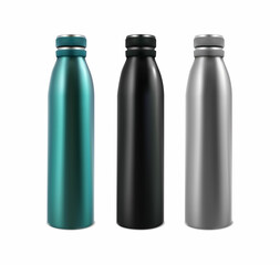 3d realistic vector icon set. Sport bottle. Silver, black and green plastic drinking bottle.