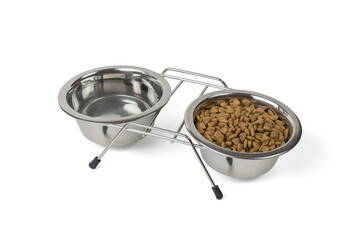 Stand with bowls of food and water for pets isolated on a white background. Flat lay.