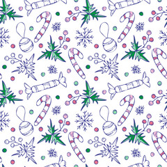 Festive New Year vector seamless pattern. Hand drawn Christmas decorations, candies, snowflakes, candy cane and twig. Doodle style illustration isolated on white background for fabric, paper design