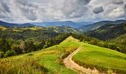 Plakat View from the Synevyr pass to the mountains in National Natural Park Synevir, Mizhhirya district of the Transcarpathian region, Ukraine