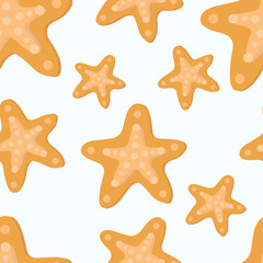 Fototapeta na wymiar Pattern of orange starfish. Vector marine theme pattern.