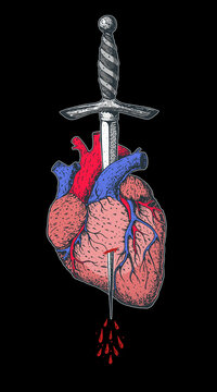 The human red heart is pierced with a dagger. Hand drawn vector illustration. Tattoo print.