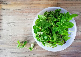 Mint leaves,placed on brown wooden background