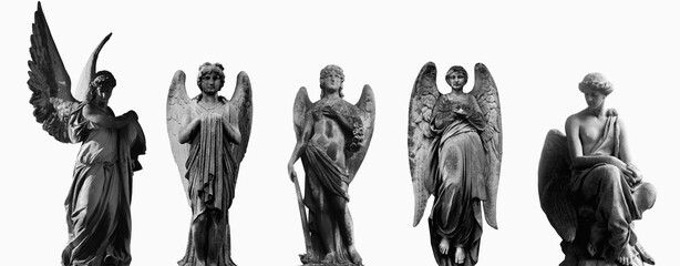 Angels against white background. Horizontal black and white image.
