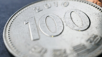Translation: Bank of Korea. 100 won coin close-up. Illustration about economy, finance or banks....