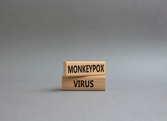 Monkeypox virus symbol. Concept word Monkeypox virus on wooden blocks. Beautiful grey background. Medicine and Monkeypox virus concept. Copy space