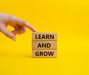 Learn and grow symbol. Concept words 'Learn and grow' on wooden blocks. Beautiful yellow background. Business and Learn and grow concept. Copy space.