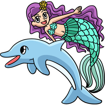 Swimming Mermaid And Dolphin Cartoon Clipart 