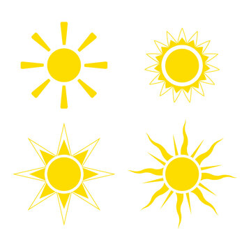 Set of suns isolated on white background. Yellow star clip arts. Summer flat vector illustration
