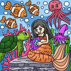 Mermaid Reading Book Colored Cartoon Illustration