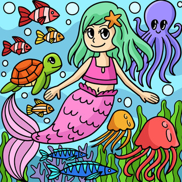Cute Mermaid Colored Cartoon Illustration