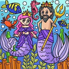 Mermaid Princess And Merman King Colored Cartoon 