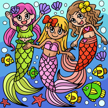 Mermaid With Friends Colored Cartoon Illustration