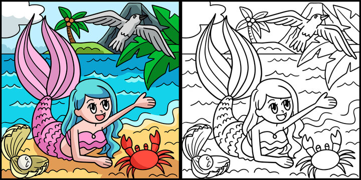 Mermaid On The Beach Colored Illustration