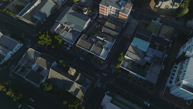 High angle view of town development. Blocks of buildings divided by rectangular street grid. Cape Town, South Africa