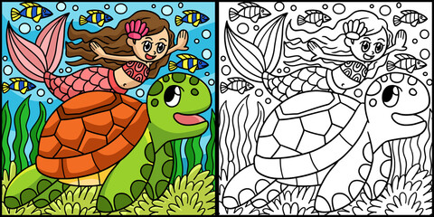 Mermaid And Turtle Coloring Page Illustration