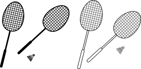 Vector of badminton, rackets and shuttlecock. Black tennis racket with a shuttlecock in a sketch on a white background. Vector illustration sports equipment. Black illustration on a white background - obrazy, fototapety, plakaty