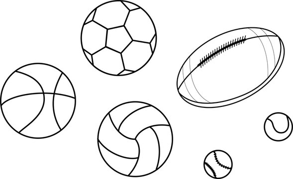 Set of sports balls. Minimal set of vector sport balls. Black and white illustration of sports balls. Collection of game balls. Football, soccer , basketball, volleyball, baseball, tennis