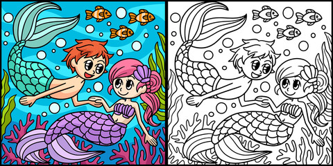 Mermaid And Merman Coloring Page Colored