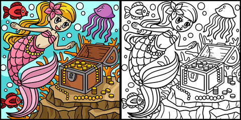 Mermaid With Treasure Box Colored Illustration