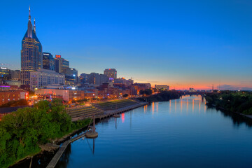 Fototapeta na wymiar Skyline of downtown Nashville along the Cumberland River.