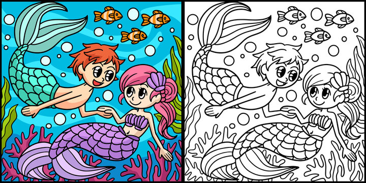 Mermaid And Merman Coloring Page Colored
