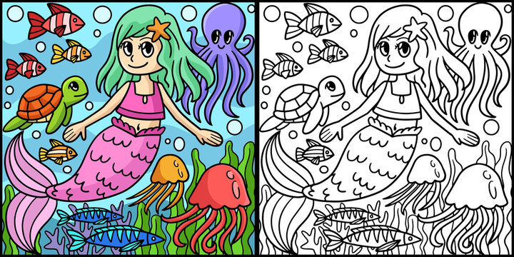 Swimming Mermaid Coloring Page Illustration