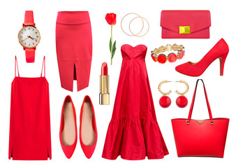 Red women's set of clothes isolated on white. Glamour female clothing and accessories. Holiday...