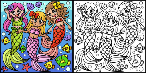 Mermaid With Friends Colored Illustration