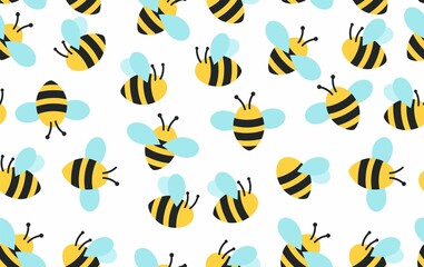Bee pattern with flying cartoon bees. Seamless bee background. Summer and spring seamless pattern with flat style yellow and blue bees on white background. Vector illustration