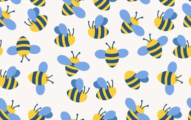 Bee pattern with flying cartoon bees. Seamless bee background. Summer and spring seamless pattern with flat style yellow and blue bees on white background. Vector illustration