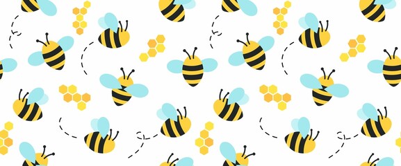 Bee pattern with cartoon bee characters, beehive and doodles. Seamless bee background. Summer and spring seamless pattern with flat style bee characters on white background. Vector illustration - obrazy, fototapety, plakaty
