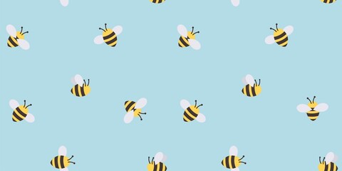 Fototapeta Trendy hand drawn bee seamless background. Cute summer or spring pattern with flat style bees and blue background. Cartoon bee vector illustration obraz