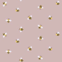 Trendy hand drawn bee seamless background. Cute summer or spring pattern with flat style bees. Cartoon bee vector illustration - obrazy, fototapety, plakaty