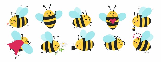 Cartoon bee icon set vector illustration. Cute flat style bee character with different emotions. Kawaii flying emojii bee set. Happy, sad, angry, sleepy and bee with coffee. - obrazy, fototapety, plakaty
