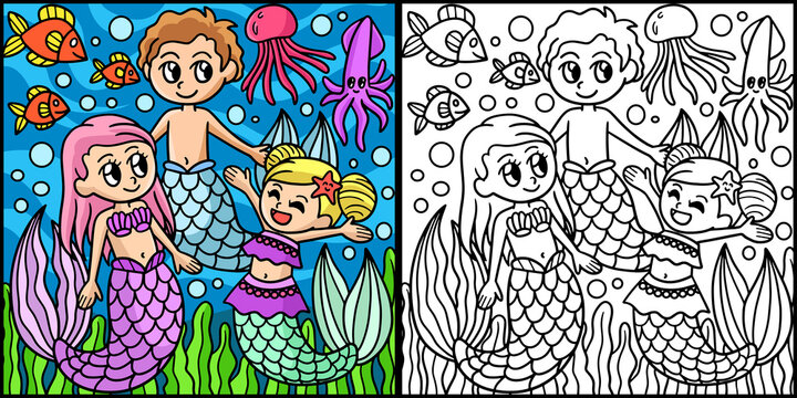 Mermaid Family Coloring Page Colored Illustration