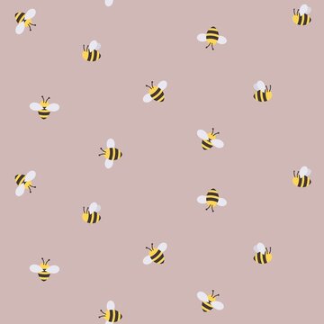 Trendy hand drawn bee seamless background. Cute summer or spring pattern with flat style bees. Cartoon bee vector illustration