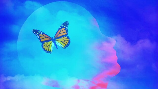 Human head silhouette and butterfly in the sky