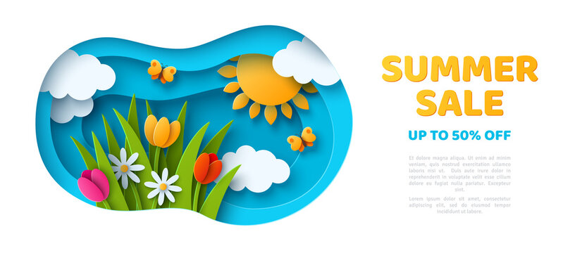 Summer sale poster, banner or voucher template, tulips daisy in grass, sun and paper cut clouds. Place for text. Mother's day frame design, promo card. Vector illustration