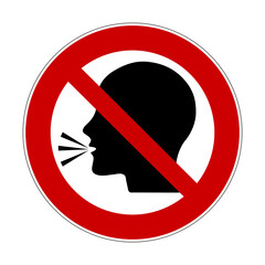 Stop talking sign. Vector illustration of red cross out circular sign with talking human head icon inside. Keep silence symbol isolated on white background. No talk. Do not open mouth.