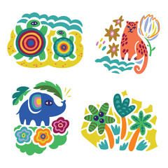 Beautiful Jungle. Collection of African animals decorated with flowers and leaves
