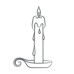 An elongated wax candle in a candlestick drawn by hand. Sketch in doodle style. Burning candle supplied with a handle. Isolated vector illustration.