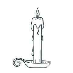 An elongated wax candle in a candlestick drawn by hand. Sketch in doodle style. Burning candle supplied with a handle. Isolated vector illustration with strokes.