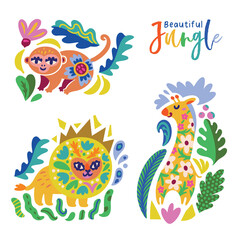 Beautiful Jungle. Collection of African animals decorated with flowers and leaves
