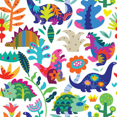 Seamless childish pattern with cartoon colorful dinosaurs, plants, and flowers