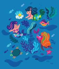 Fototapeta na wymiar Cute little mermaids are swimming under the sea. Vector illustration