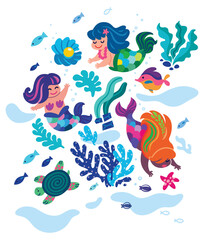 Cute little mermaids are swimming under the sea. Vector illustration