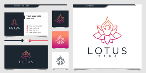 Creative line art of yoga pose with lotus flower logo design Premium Vector