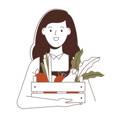Happy smiling female farmer holding crate of fresh vegetables and fruits. Agronomist gardener concept. Flat vector illustration.